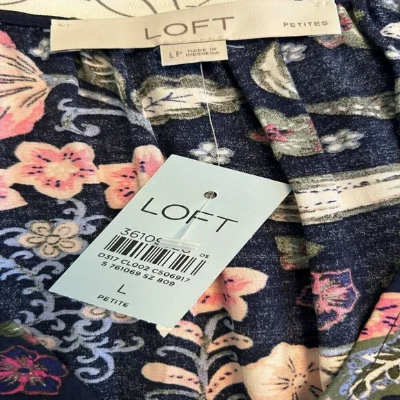 NWT Loft Petite Large Floral Shirred Flounce Long Sleeve Midi Dress - Picture 6 of 10